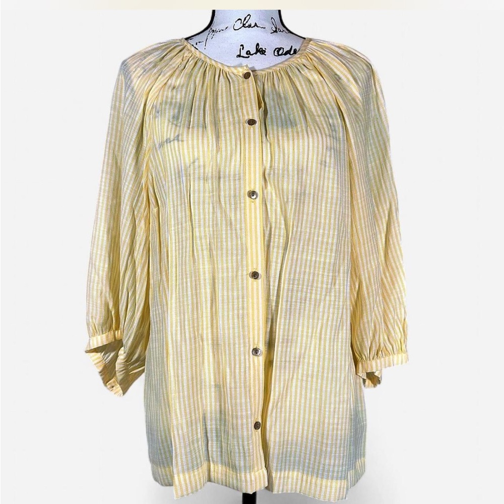 Lauren Conrad 3/4 Sleeve Button Up Blouse Women’s Large L yellow & white striped